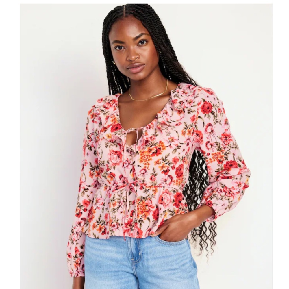 Old Navy Waist-Defined Ruffle-Trim Floral Top